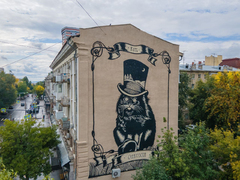 На стене дома в центре города появился Котъ Саратовскiй