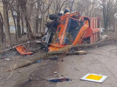 В Саратове мусоровоз влетел в дерево и опрокинулся
